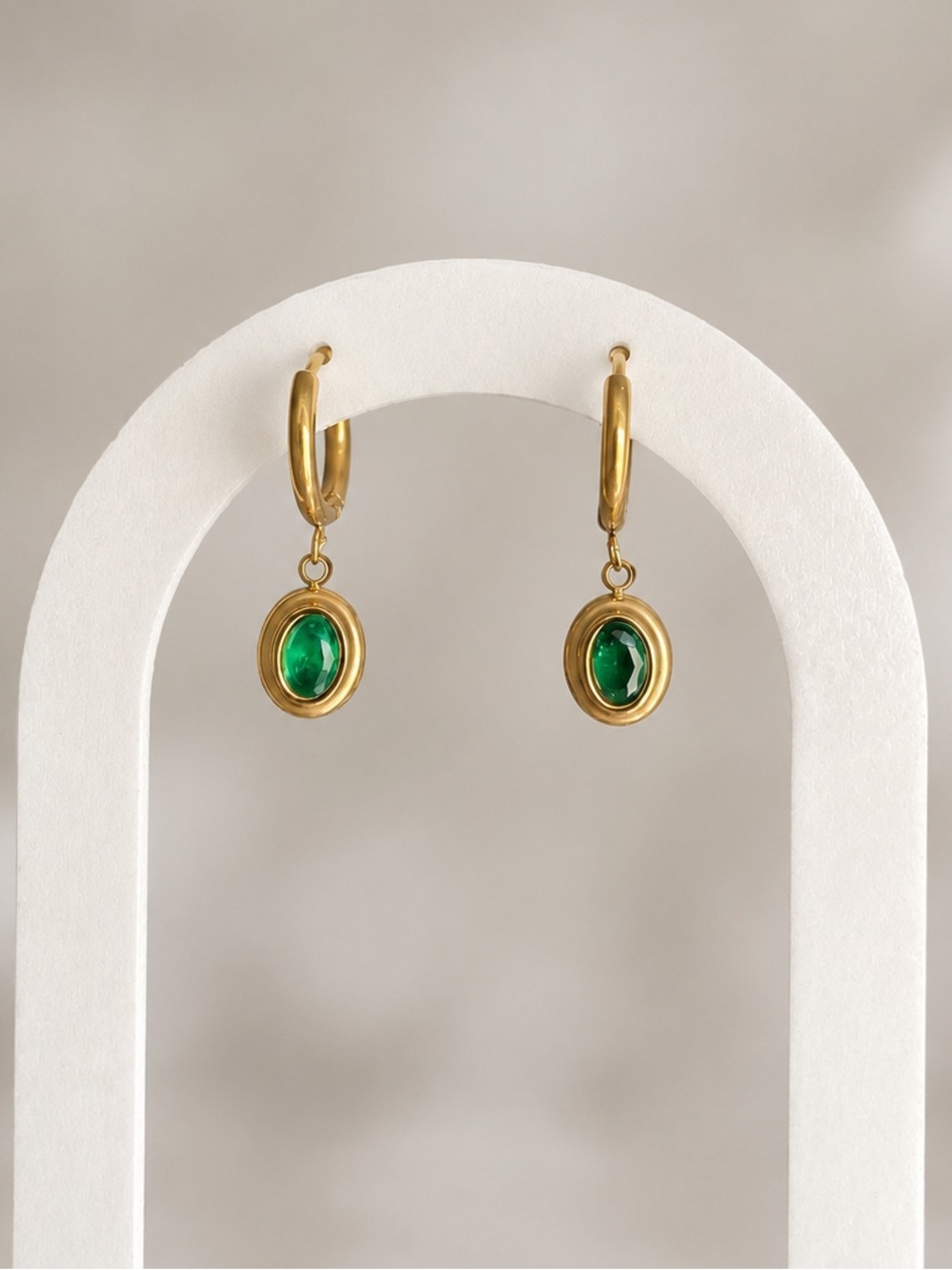18K Gold Plated Emerald Green CZ Huggie Drop Earrings